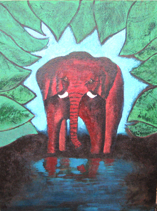 elephant at drinking hole with reflecton