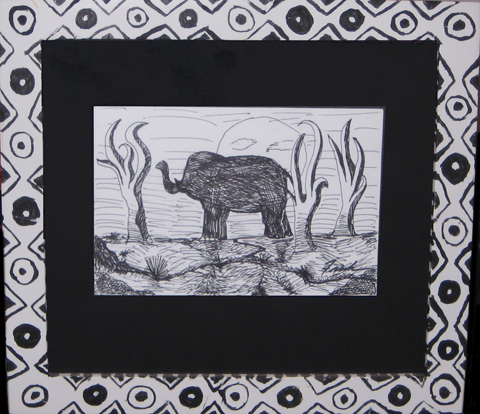 black and white ink drawing of elephant in the desert with cactus