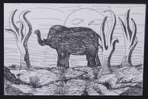 black and white pen drawing of elephant in the desert
