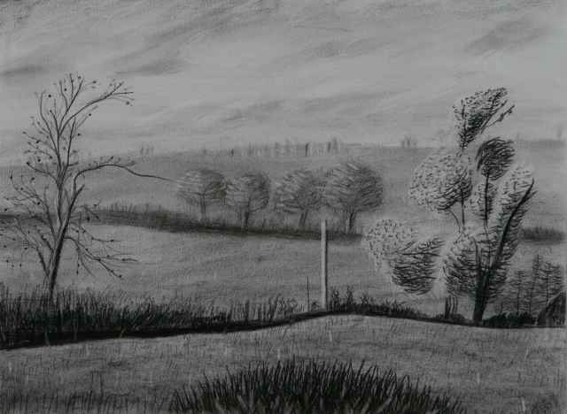 Hilly landscape in charcoal by Myles Carlton Garlick