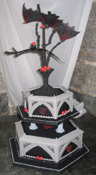 Black, white, and red gothic wedding cake