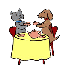 A cartoon of a cat and dog having tea together.