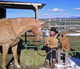 A ranch hand with her horse and dog.