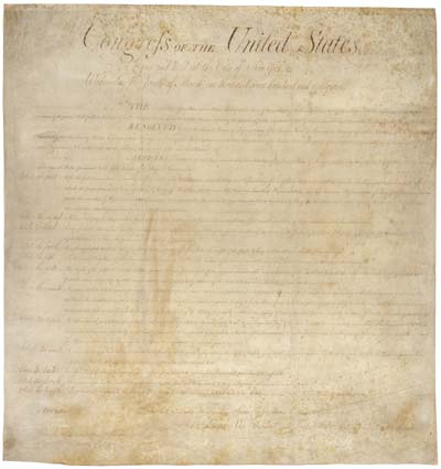 Picture of one of the 16 copies of the Bill of Rights.