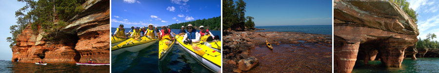 a row of four pictures of the Apostle Island sea caves and kayakers
