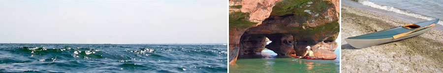 row of images, water and sky, woman kayaking, kayak along shoreline