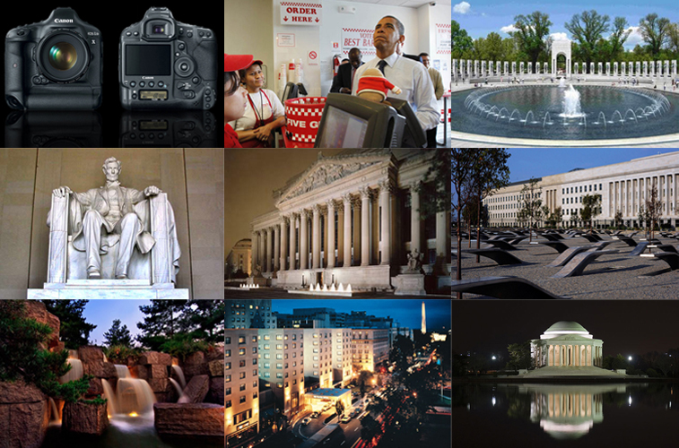 a group of images of different places to see in Washington DC, some of the equipment you should use, and Obama at a Five Guys