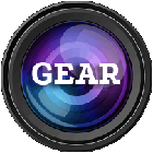 a camera lens with the word GEAR inside of it