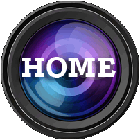 a camera lens with the word HOME inside of it