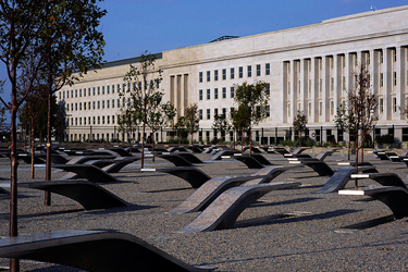 A daytime picture of the benches that make up the Pentagon Memorial