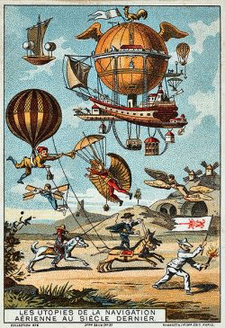 Steampunk Illustration of hot air mechanical flying contraptions