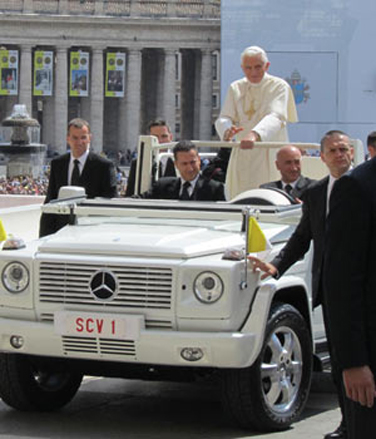 Pope Benedict the 16th, arriving via Vatican Mercedes.