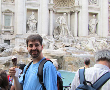 Andrew gets excited about coffe and chocolate Gelato next to Trevi Fountain.