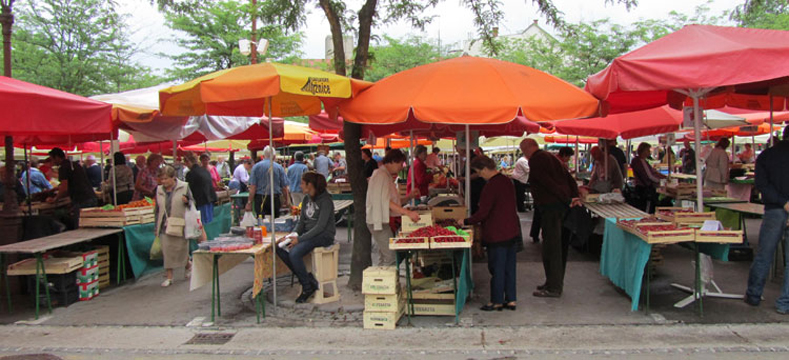 People shopping at the market in downtown Ljubljana.