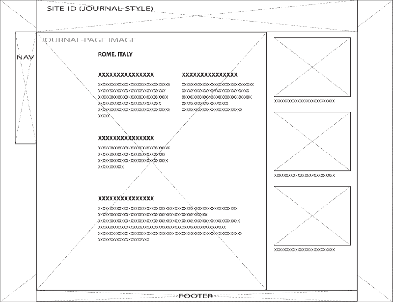 Wireframe sketch of journal-style web site layout