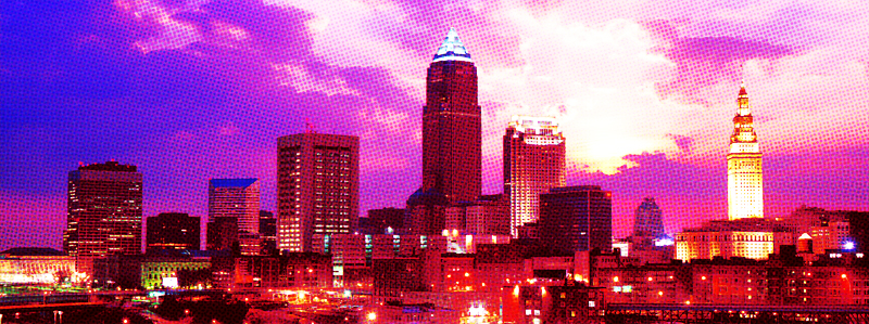 Cleveland's picturesque skyline in intense pink hues