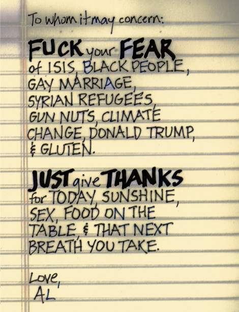 Hand-written letter suggests that you fuck your fears and give thanks instead