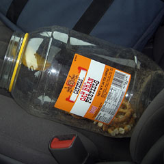Pretzels in plastic jar on car seat