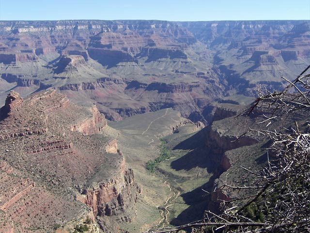 View from rim into Grand Canyon showing Bright Angel Trail