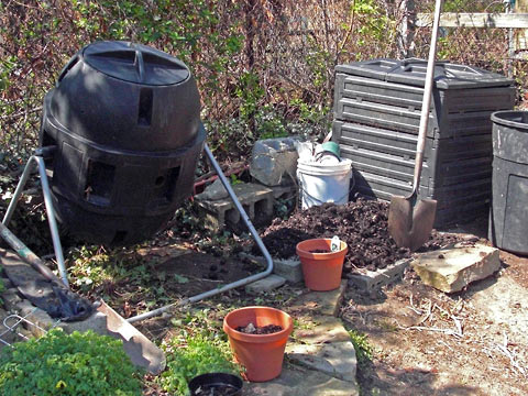 Compost bins in back yard