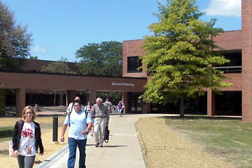 Walking toward the entrance to Business and Technology building