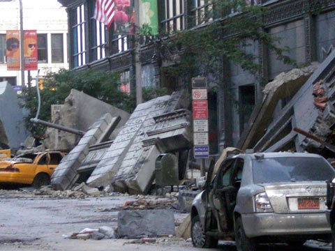 Movie set showing crumbled buildings