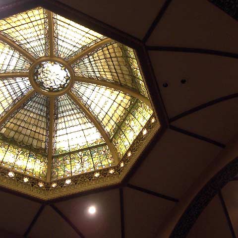 Stained glass dome over sanctuary in Pilgrim Church