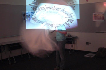 Swirling cloth with words projected on it