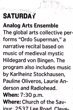 Newspaper listing for Analog Arts Ensemble