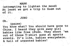 Section of screenplay from Juno