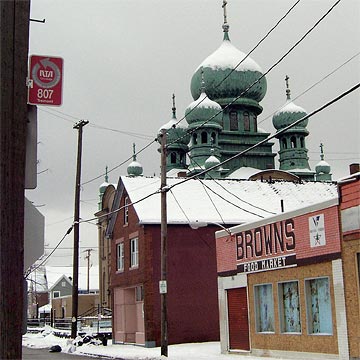 Tremont, view of church domes and store