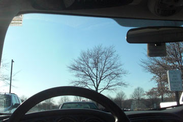 Blue sky through Al's car windshield