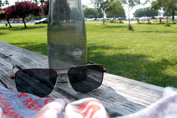 Sunglasses on picnic table