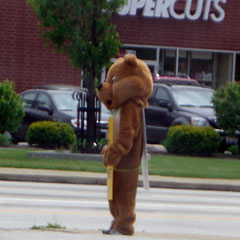 Person in a bear costume outside a cellphone store