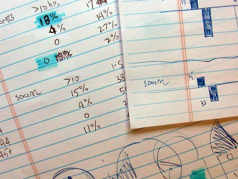 Numbers and charts sketched on paper