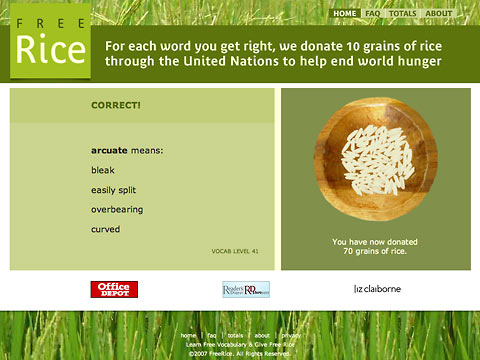 Screenshot of FreeRice homepage
