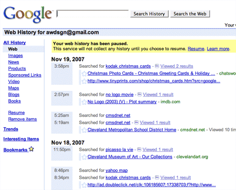 Screenshot of Google History
