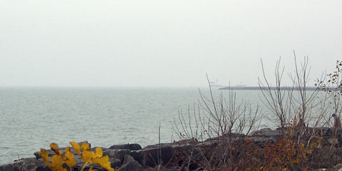 Foggy day, looking toward harbor lighthouse