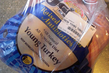 Uncooked turkey in wrapper, on kitchen counter
