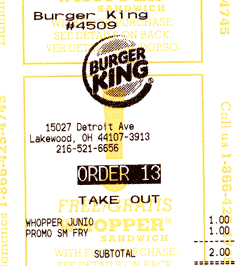 Burger King receipt for Whopper Jr. and small fries