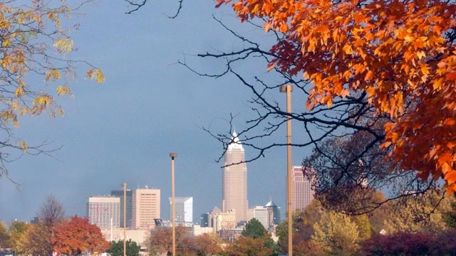 Downtown Cleveland seen through autumn leaves