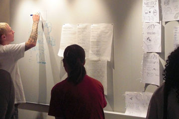 Students looking at work on wall